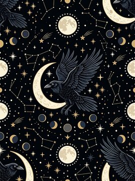 Seamless celestial pattern with black ravens and moon phases