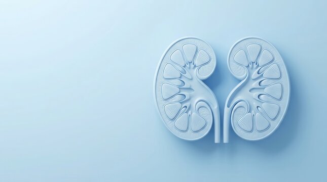 Nephrology concept featuring a decorative human kidneys model on pastel blue background with copy space.