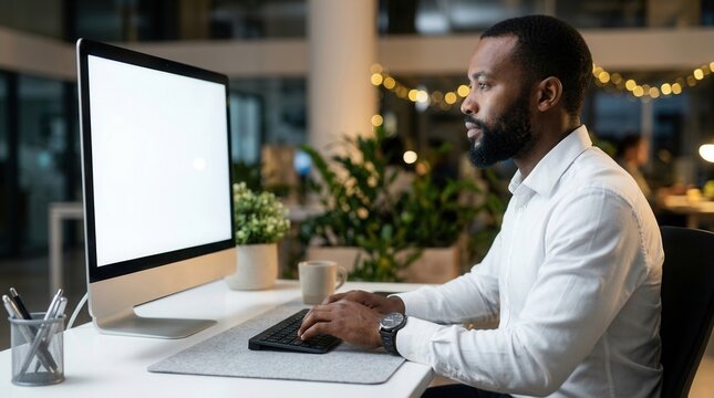 Male CEO showing place for online ad while using a computer with a blank empty screen in an office workplace