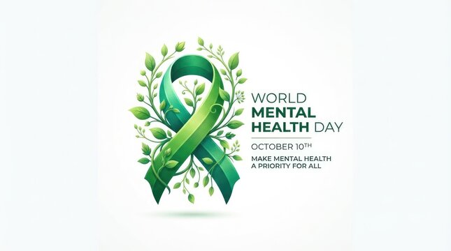 A beautiful watercolor illustration featuring a green awareness ribbon with floral elements designed to celebrate world mental health day and promote global psychological wellness awareness