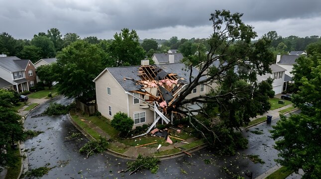 Severe storm damage with a massive fallen tree crushing the roof of a suburban house after a hurricane
