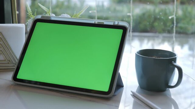 Green screen tablet on white desk near coffee cup. Natural light shines through window. Modern workspace setup for digital editing or presentations. Perfect for tech, marketing