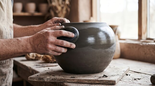 A potter hands shape a clay pot in a workshop. Concept Handmade crafts, traditional artisanship, and creative ceramics for art and decor industries. Generative AI.