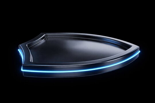 Futuristic dark chrome shield podium with glowing cyan neon edge isolated on black background, cybersecurity protection concept