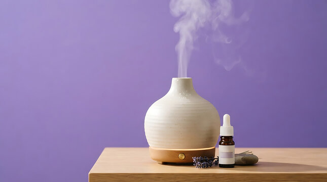 Modern ceramic essential oil diffuser with rising steam and a small bottle of lavender oil on a wooden table against a soft purple background for aromatherapy and home relaxation
