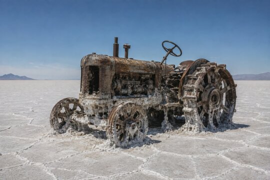 Abandoned vintage tractor in desert wasteland. Rustic old farm machinery left in arid landscape under clear skies.