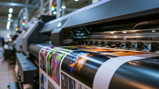 Industrial large format inkjet printer operating in a professional print shop. Commercial signage production concept.