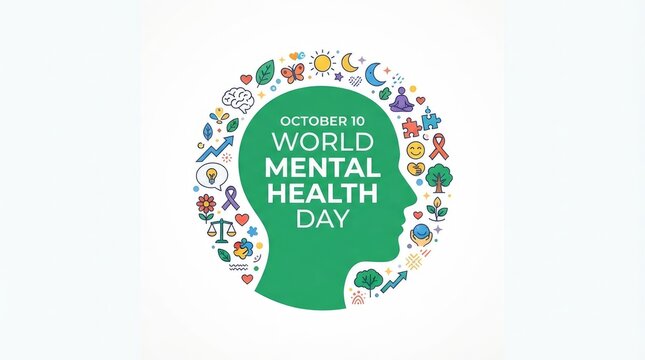 A conceptual illustration featuring a green human head silhouette surrounded by various icons representing wellness and support for the annual world mental health day event