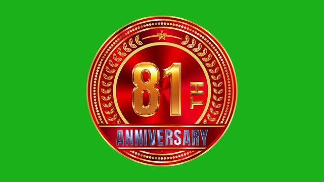 Royal 81st Anniversary Golden Emblem Badge displaying Metallic Red Radial Finish and Vivid Studio Illumination Green Screen 4k video