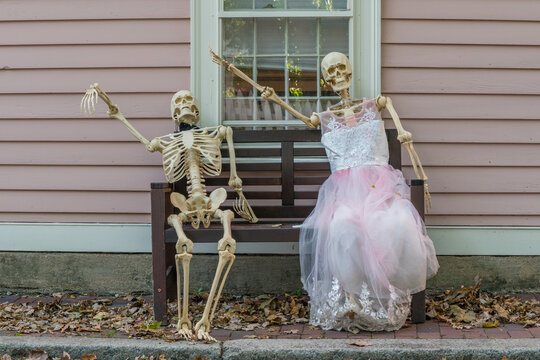 Salem, MA, US-October 9, 2022:  Halloween decorations at a home during theHaunted Happenings event held during the month of October in celebration of the town's history of witch trials and Halloween. 