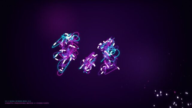 Futuristic abstract animation of glowing neon cyan and purple neural network nodes processing complex data, wide studio shot of artificial intelligence synaptic matrix concept background