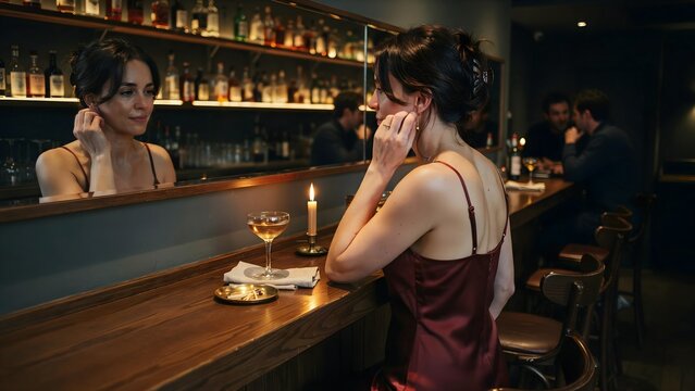 Woman Sitting at Bar Counter in Upscale Lounge During Evening with Glass of Drink