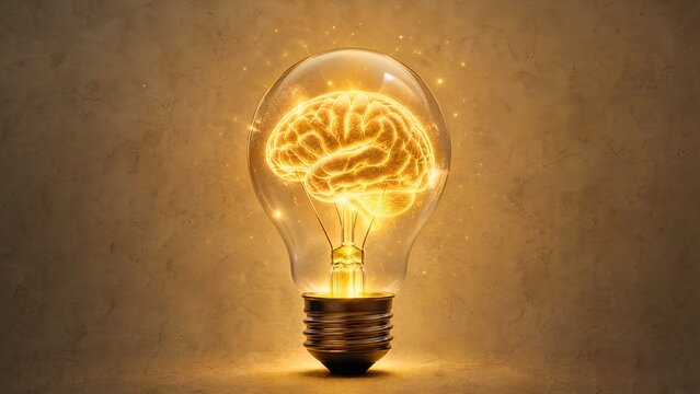 Glowing human brain inside light bulb, creative intelligence and innovation concept, bright golden lightbulb on warm textured background 4K