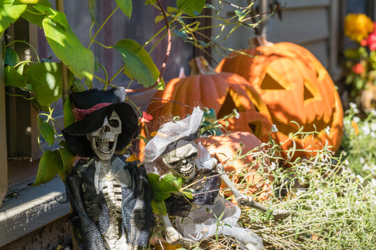 Halloween decorations at a home during theHaunted Happenings event held during the month of October in celebration of the town's history of witch trials and Halloween. 