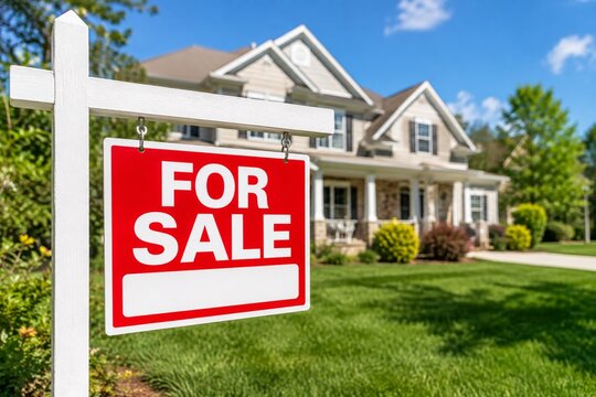 House with for sale sign in suburban neighborhood