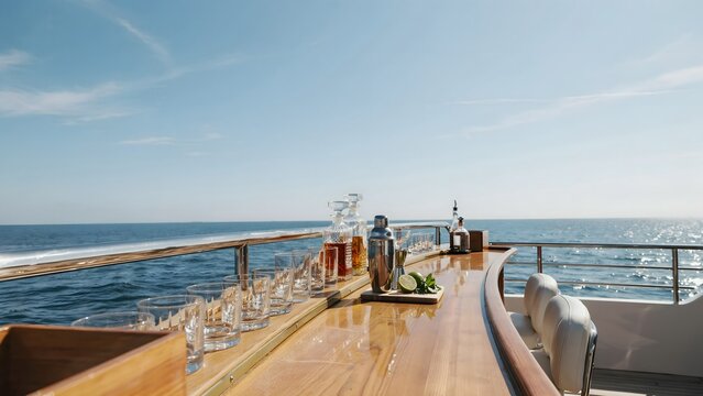 Elegant outdoor seaside dining setup with drinks and glasses on boat deck