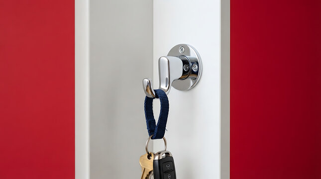A set of keys with a blue keychain hanging on a metallic wall hook indoors