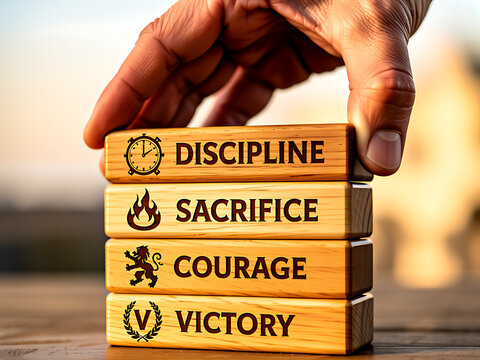 Hand stacking wooden blocks with words