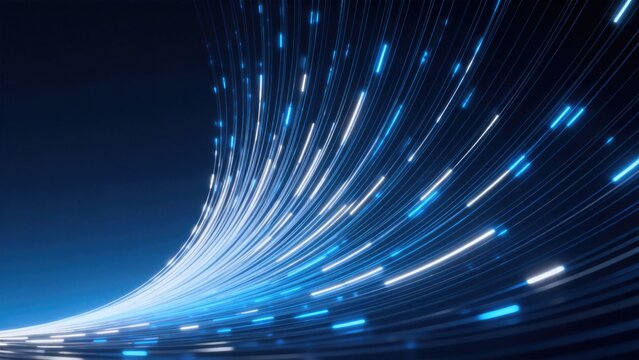 Abstract blue fiber optic light trails with high speed digital network background, idea for AI, cloud computing, communication technology, business banner and innovation presentation