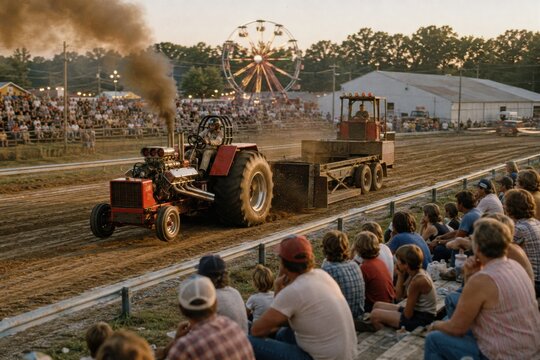 Tractor pulling competition at rural fair with smoke and crowd. Agricultural machinery event showcasing power and farming culture in action.