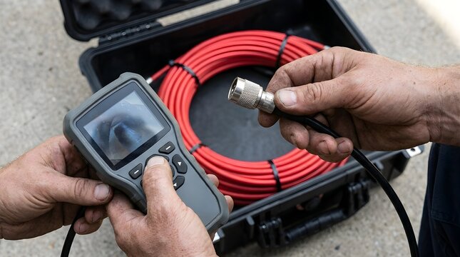Professional Technician Holding Digital Endoscope Monitor and Red Snake Camera for Pipe Inspection