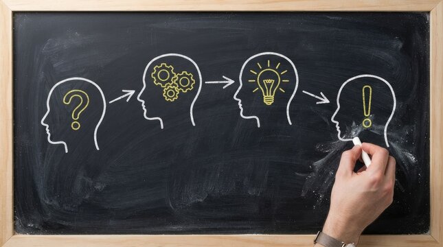 A hand drawing a progression of human head silhouettes on a blackboard to represent the journey of finding clarity for world mental health day concepts