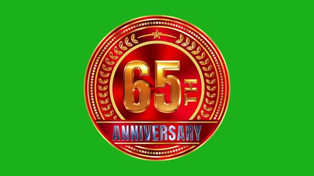 Premium 65th Anniversary Metallic Gold Ring Badge with Deep Red Center Texture and Glowing Studio Highlights 4k video
