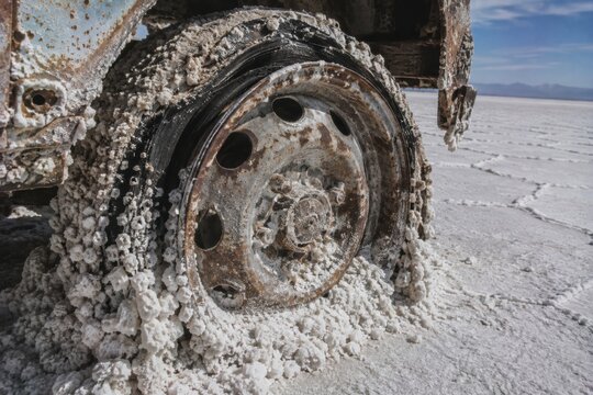 Off-road tire driving through muddy terrain. Rugged 4x4 wheel splashing in wet dirt and clay during adventure travel.