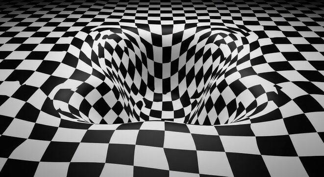 A surreal black and white checkered floor creates a mind-bending optical illusion with warped tiles that appear to sink into deep cavities, liquid, warp, creative