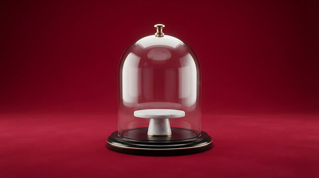 Empty glass display dome with a small cake stand on a dark wooden base sitting on a soft deep red velvet fabric background for luxury product presentation and elegant food photography