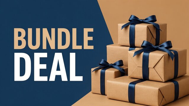 Bundle deal text with stacked brown gift boxes and navy blue ribbons