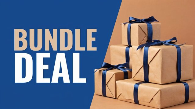 Stack of brown paper gift boxes with blue ribbons and bundle deal text