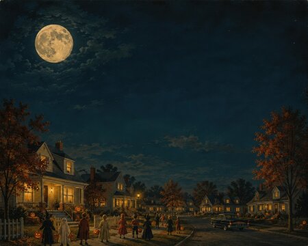 Full moon rising over historic village at night. Quaint European town under bright lunar illumination with warm streetlights.