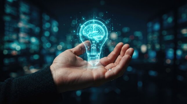 A glowing digital human brain inside a lightbulb held in a hand representing innovation and awareness for world mental health day in modern technology