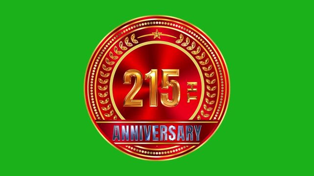 Premium 215th Anniversary Golden Badge Frame featuring Polished Crimson Red Core and Bright Studio Lights Green Screen 4k video