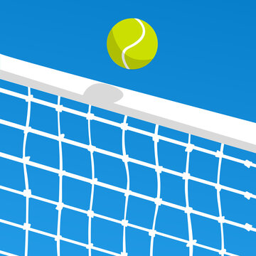 A vibrant illustration of a tennis ball flying above a tennis net against a bright blue sky. This clean, minimal sports concept symbolizes competition, energy, athletic performance, active lifestyle.