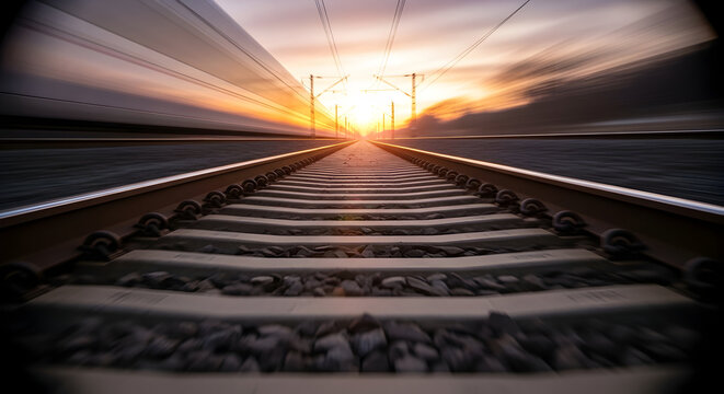 Railway Tracks Leading Towards a Vibrant Sunset with Scenic Landscape and Dynamic Perspective in an Outdoor Setting