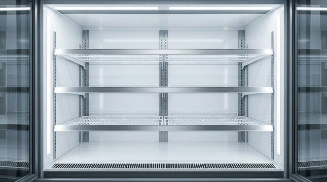 Empty commercial display refrigerator featuring glass doors and illuminated shelves in a clean interior space.