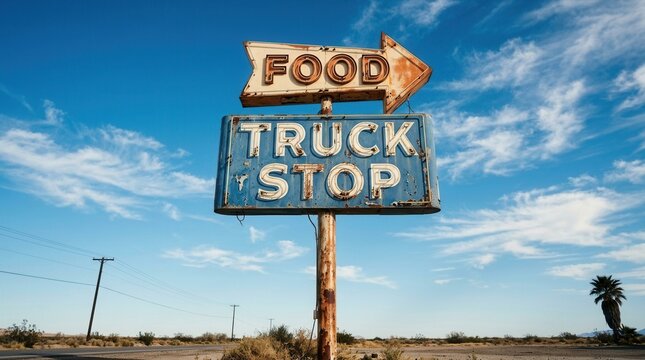 Roadside diner directional advertisement featuring a vintage food truck stop sign against a blue sky
