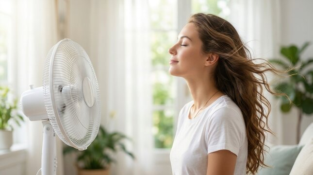A young woman at home cooling down with a refreshing breeze from an electric fan on a hot summer day