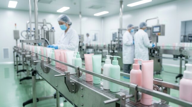 Cosmetic product manufacturing featuring an automated assembly line and quality control in a sterile environment
