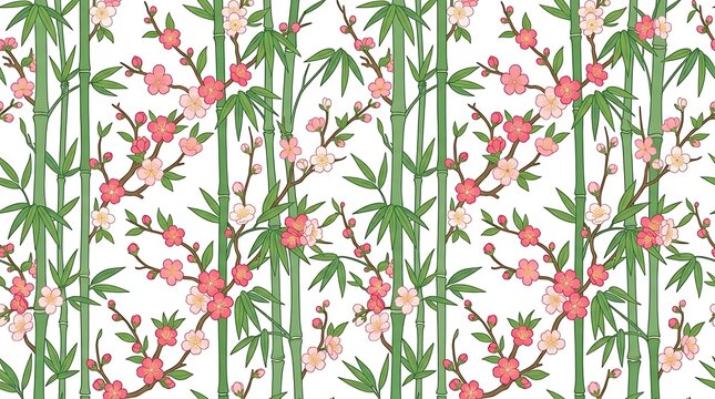 Bamboo stalks and cherry blossoms in a nature pattern