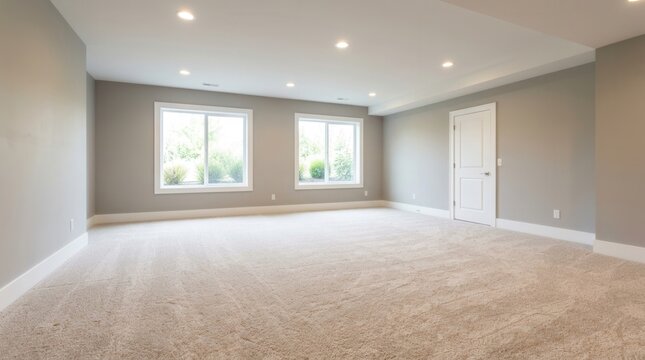 Bright basement with neutral paint and fresh carpet, newly renovated with natural light from windows
