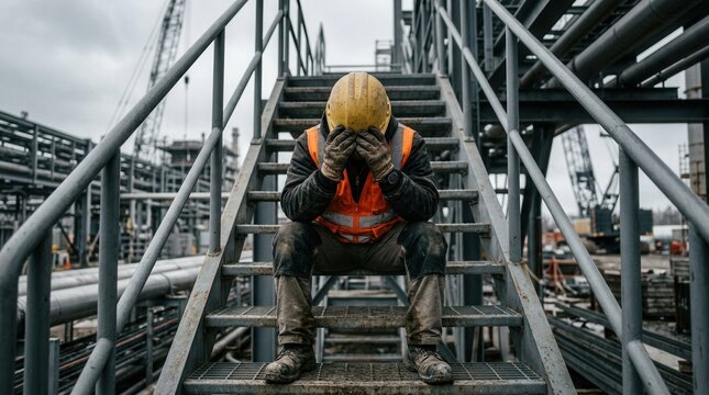 Construction worker feeling fatigue and depression, sitting on stairs with head in hands, overworked