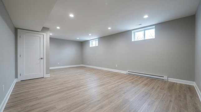 Interior of a finished basement with neutral gray walls, wood-look flooring, and modern lighting, ideal for renovation.