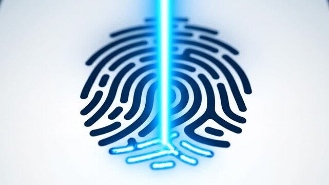 Stylized digital fingerprint being scanned by a blue light beam for biometric identification