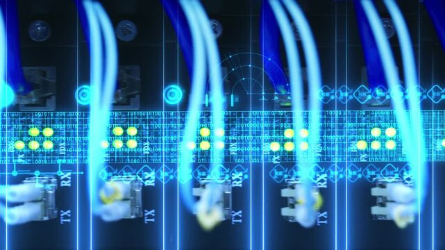 High tech fiber optic cable, a network switch with blue and white data cables connected to ports, glowing yellow status indicator lights, and digital overlays of binary code and performance metrics.