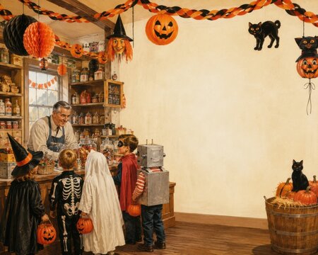 Children trick-or-treating on Halloween night. Group of kids in costumes celebrating spooky holiday at home party.