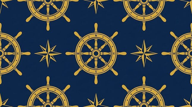 Seamless nautical pattern with golden ship wheels and compass roses