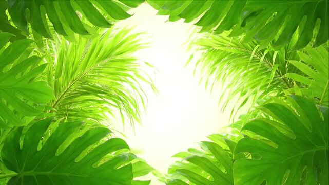 Green nature background tropical leaf canopy with bright sunlight through lush green foliage, fresh spring mood, vibrant botanical frame, sunlit tropical plant lush leaf canopy background for SEO